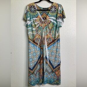 Apt 9 Blue Jeweled Boho 1X VNeck Geometric Artsy Midi Dress House Dress